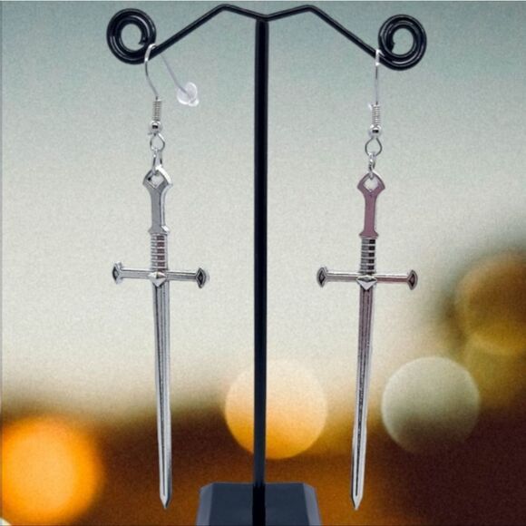 Excalibur Silver Metal Kings Sword Earrings Dagger Medieval Gothic Festival NEW - Picture 4 of 9